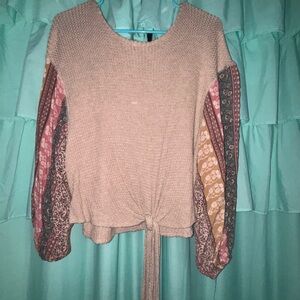 Women's Boho Knit Top with Patterned Sleeves